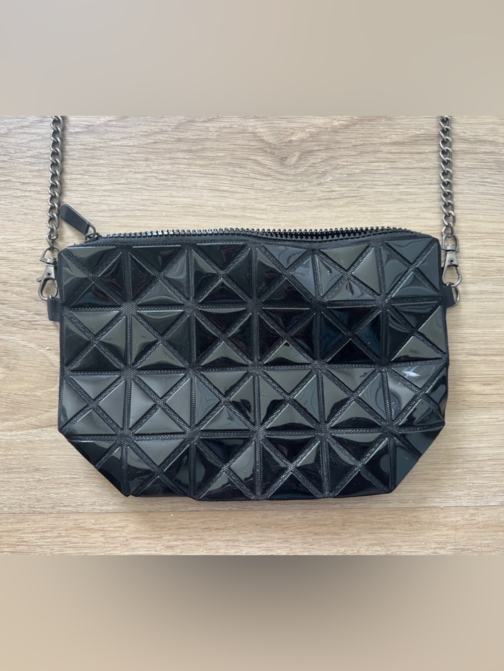 Black Geometric Patent Crossbody Bag with Removable Chain Strap